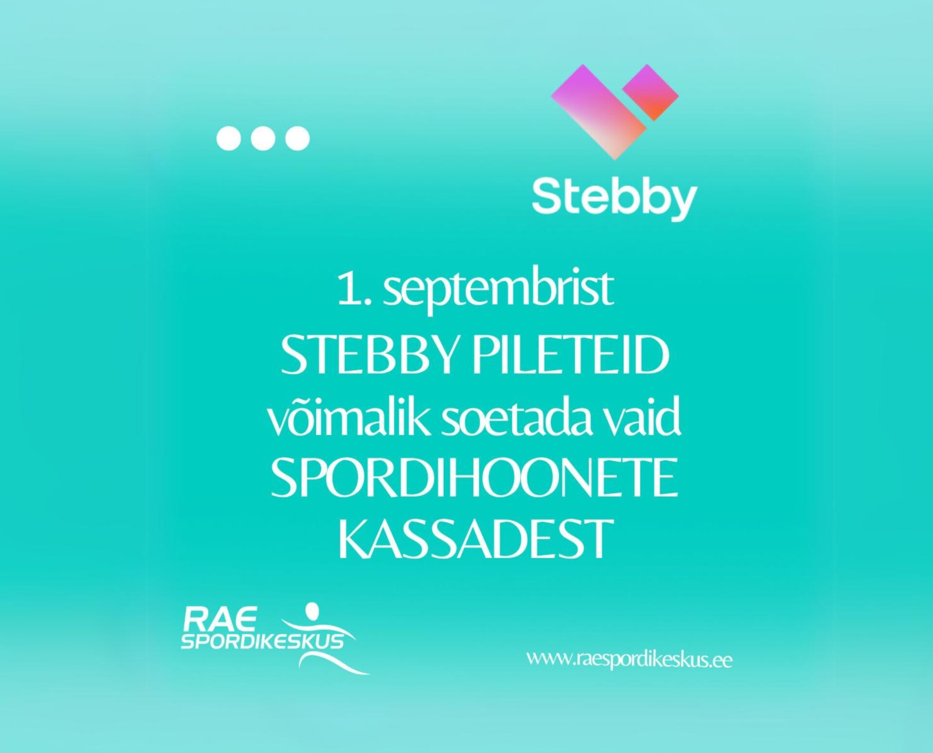 Alates 1.09.2024 ei saa Rae valla Spordikeskustes pileteid läbi Stebby keskkonna ette osta, sest seda tehingut ei toeta meil kasutuses oleva kassaprogramm ning